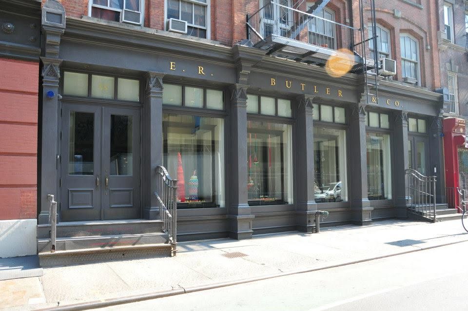 The E.R. Butler and Co. storefront in SoHo, New York, with a columned facade and dark painted double doors